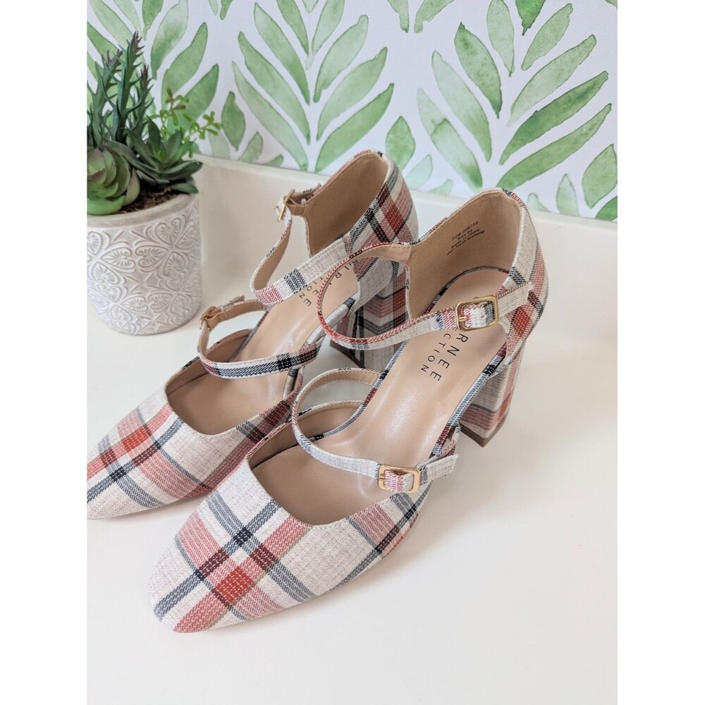 Plaid Double-Strap Block Heels Pink Cream Isadora Journee Collection 9.5 NEW - Picture 10 of 10